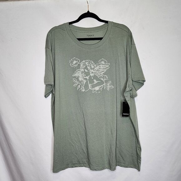 2X 18W 20W Green Angel Floral Cherub Relaxed Fit Cotton Crew Tee 90s Soft Plus - Picture 2 of 7